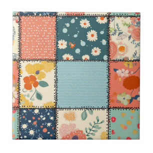 Colorful Floral Patchwork Quilt with Playful Print Ceramic Tile