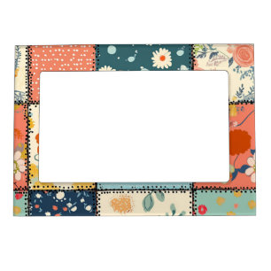 Colorful Floral Patchwork Quilt with Playful Print Magnetic Frame