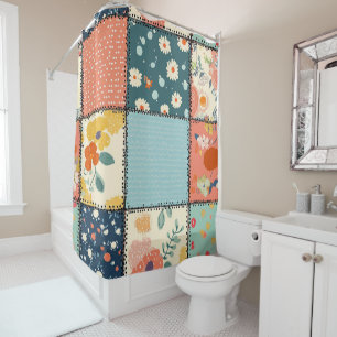 Colorful Floral Patchwork Quilt with Playful Print Shower Curtain
