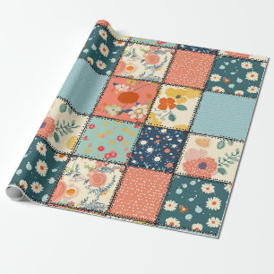 Colorful Floral Patchwork Quilt with Playful Print Wrapping Paper