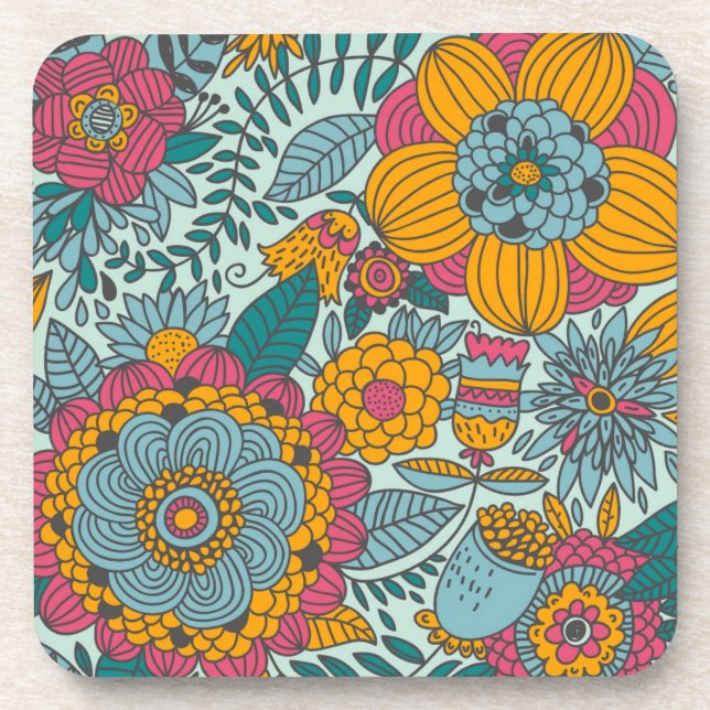 Colorful floral pattern beverage coaster (Front)