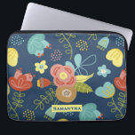 Colorful Floral Pattern Dark Blue Personalised Laptop Sleeve<br><div class="desc">Cute colorful flower pattern on dark blue background with optional personalisation.</div>