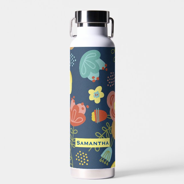 Colorful Floral Pattern Dark Blue Personalised Water Bottle (Front)