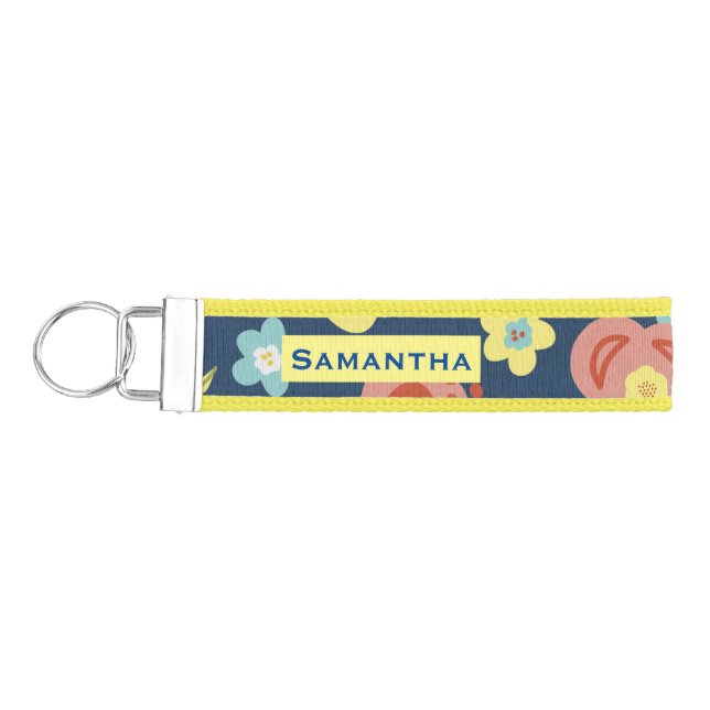 Colorful Floral Pattern Dark Blue Personalised Wrist Keychain (Keys on Left)