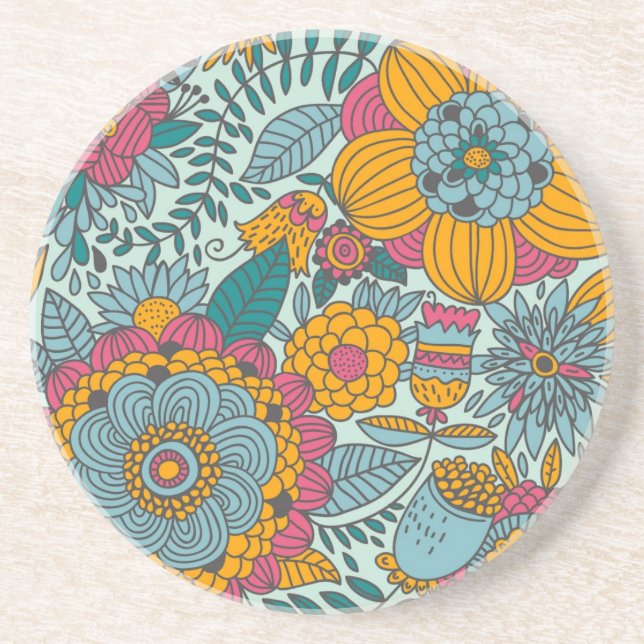 Colorful floral pattern drink coaster (Front)