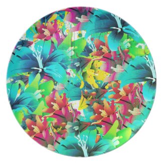 Colorful floral pattern, flowers, blue pink yellow dinner plate