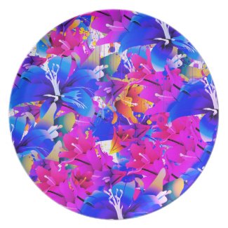 Colorful floral pattern, flowers, blue pink yellow dinner plate