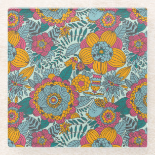 Colorful floral pattern glass coaster
