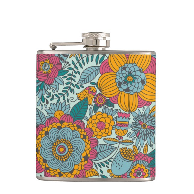 Colorful floral pattern hip flask (Front)