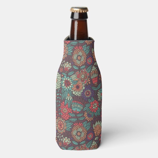 Colorful floral pattern in cartoon style bottle cooler (Bottle Front)
