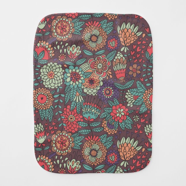 Colorful floral pattern in cartoon style burp cloth (Front)