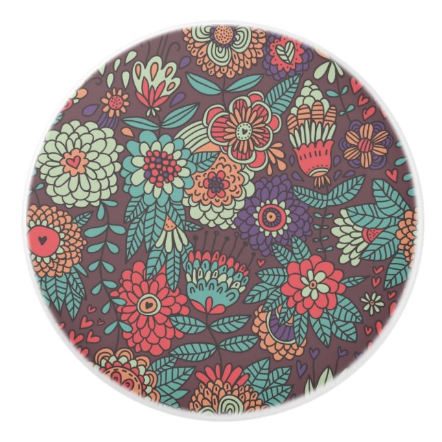 Colorful floral pattern in cartoon style ceramic knob (Front)
