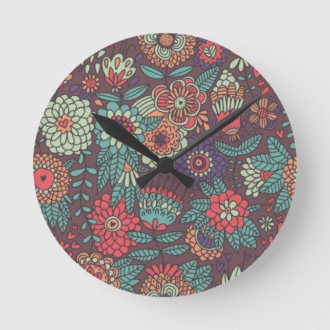 Colorful floral pattern in cartoon style round clock (Front)