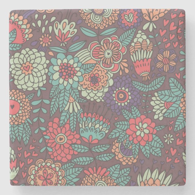 Colorful floral pattern in cartoon style stone coaster (Front)