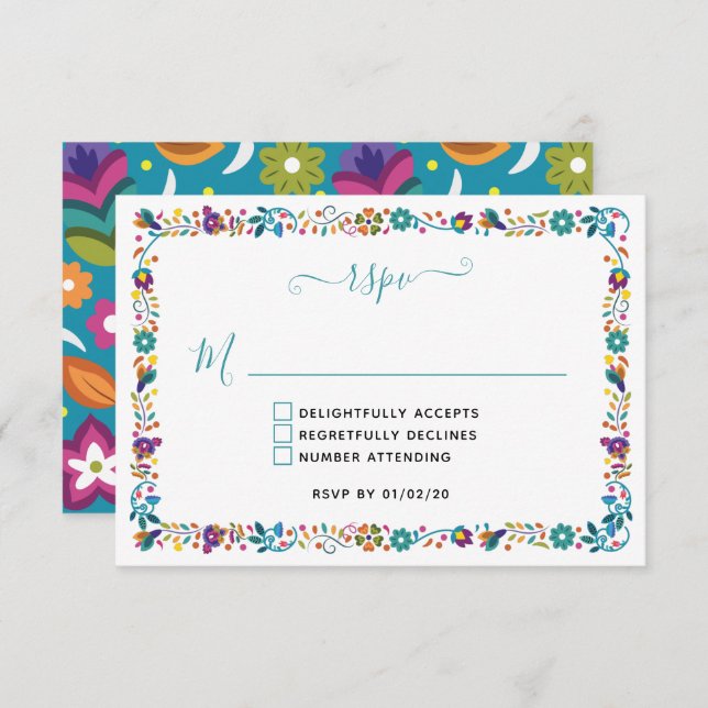 Colorful Floral Pattern Mexican Wedding RSVP Card (Front/Back)