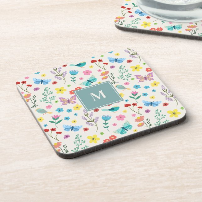 Colorful Floral Pattern Monogram Coaster Set (Left Side)