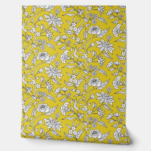 Colorful Floral Pattern  Mustard Yellow Gold Wallpaper