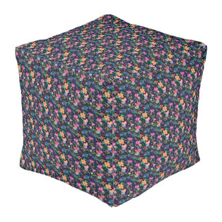 Colorful Floral Pattern on Black Pouf