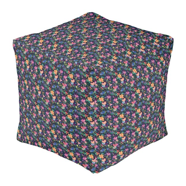 Colorful Floral Pattern on Black Pouf (Angled Front)