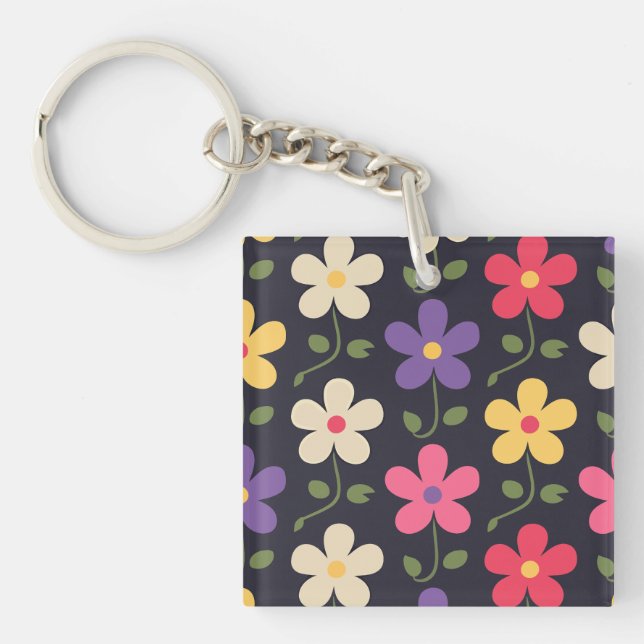 Colorful Floral Pattern on Dark Background Keychain (Front)