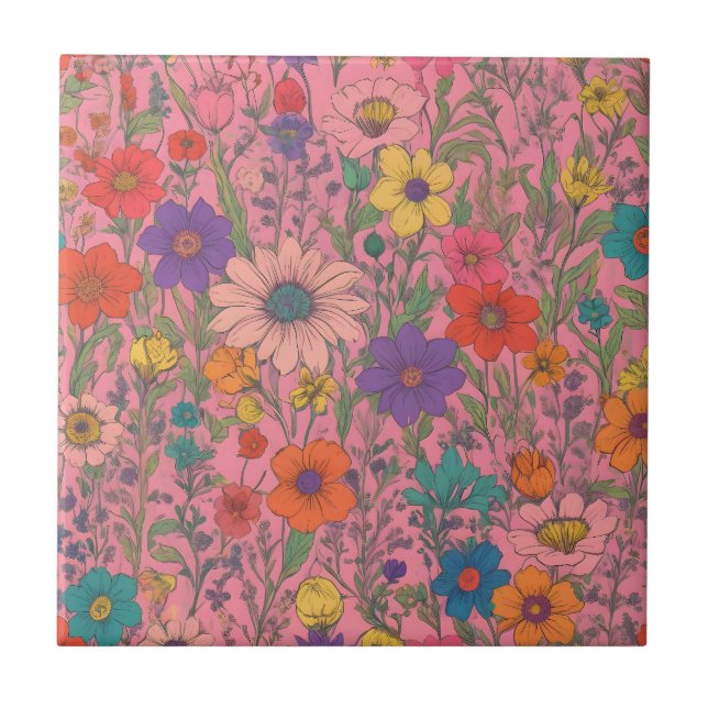 Colorful floral pattern on pink ceramic tile (Front)