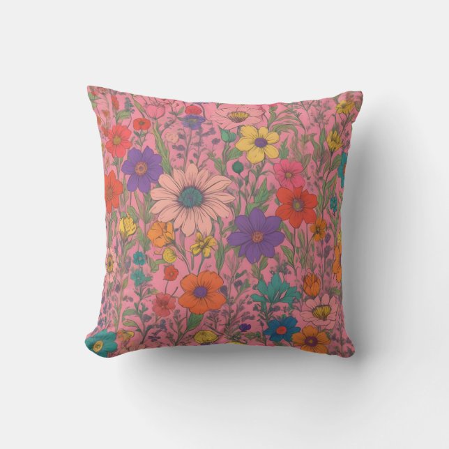 Colorful floral pattern on pink throw pillow (Front)