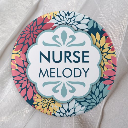 Colorful Floral Pattern RN Name Button