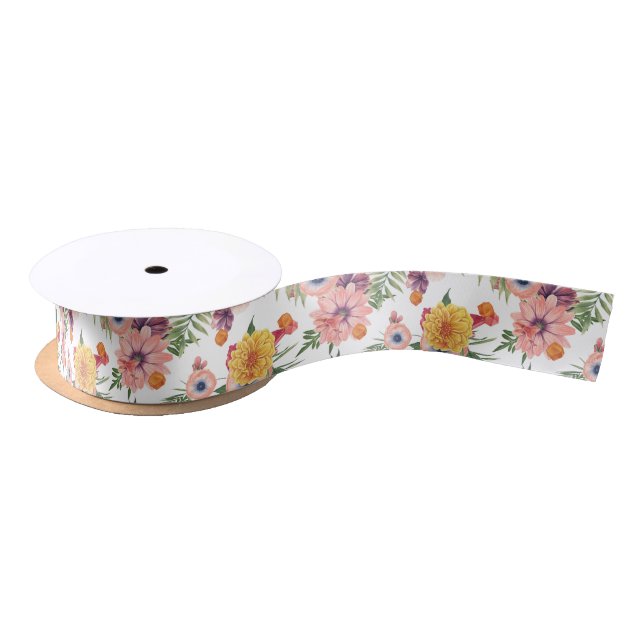 Colorful Floral Pattern Satin Ribbon (Spool)