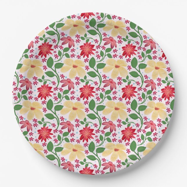 Colorful Floral Pattern Seamless Bright Flower  Paper Plates (Front)