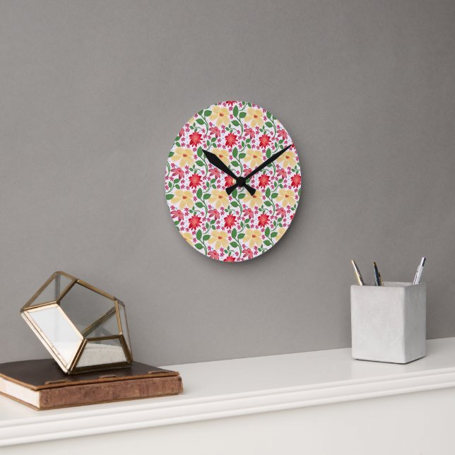 Colorful Floral Pattern Seamless Bright Flower  Round Clock (Office)