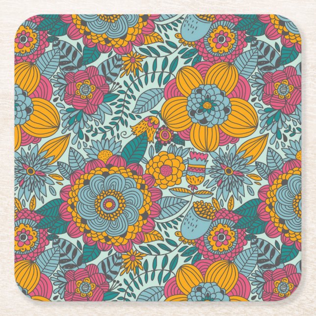 Colorful floral pattern square paper coaster (Front)