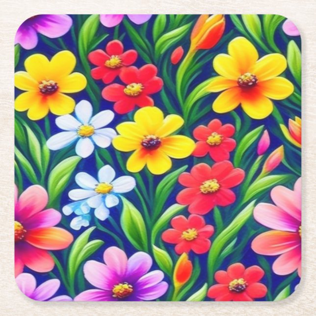 Colorful floral pattern square paper coaster (Front)