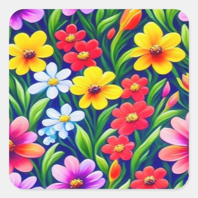 Colorful floral pattern square sticker (Front)