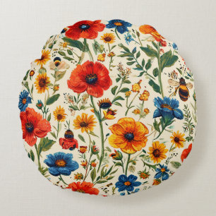 Colorful Floral Pattern With Bees Round Pillow