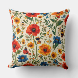 Colorful Floral Pattern With Bees Throw Pillow