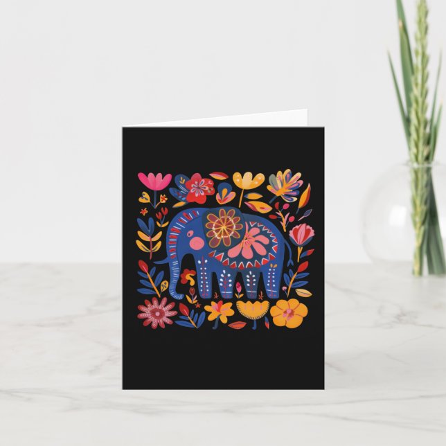 Colorful Floral Patterned Elephant Illustration  Card (Front)