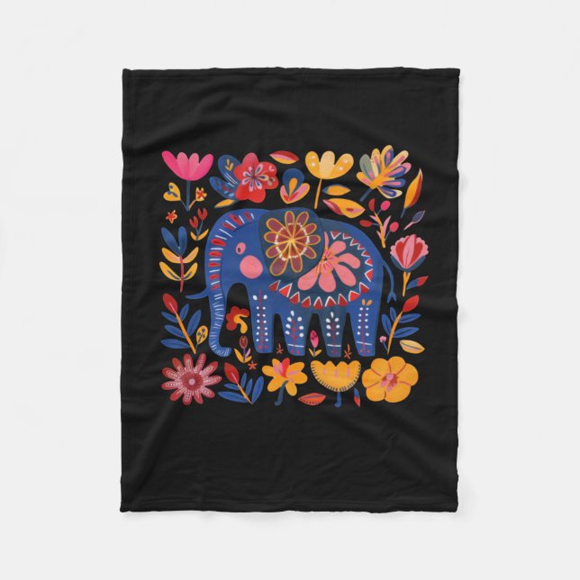 Colorful Floral Patterned Elephant Illustration  Fleece Blanket (Front)