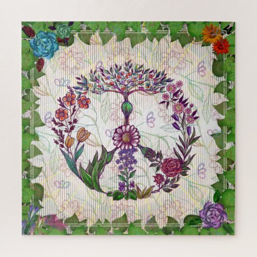 Colorful Floral Peace Sign Green White Template Jigsaw Puzzle