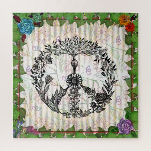 Colorful Floral Peace Sign Green White Template Jigsaw Puzzle