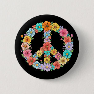 Colorful Floral Peace Sign Hippie Retro Flower Button
