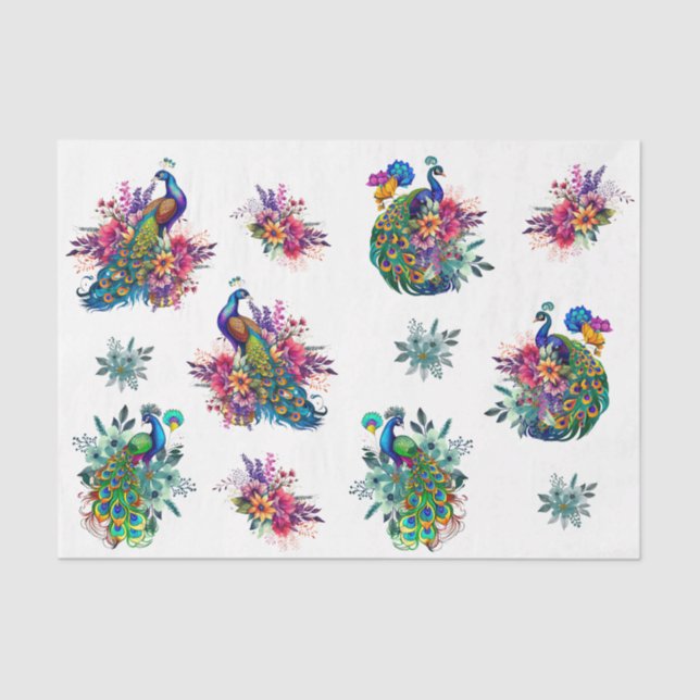 Colorful Floral Peacock Decoupage Tissue Paper (Front)