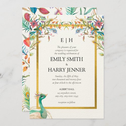 Colorful Floral Peacock Gold Garden Wedding Invitation