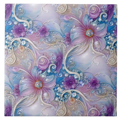 Colorful Floral Pearly Gems Ceramic Tile