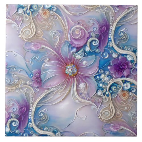 Colorful Floral Pearly Gems Ceramic Tile