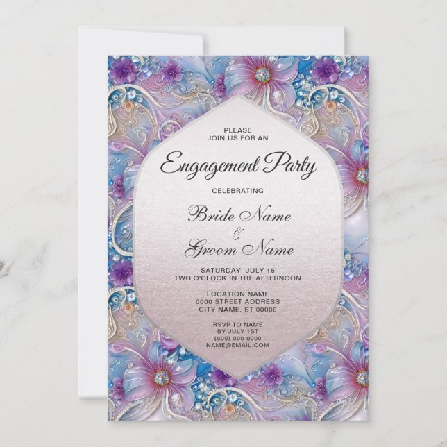 Colorful Floral Pearly Gems Engagement Invitation (Front)