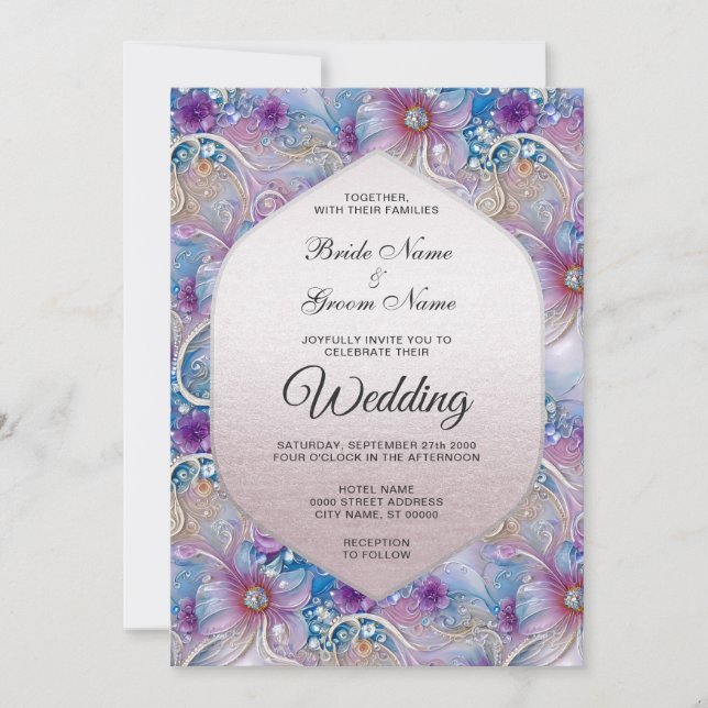 Colorful Floral Pearly Gems Wedding Invitation (Front)