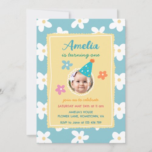 Colorful Floral Photo Birthday Party Invitation
