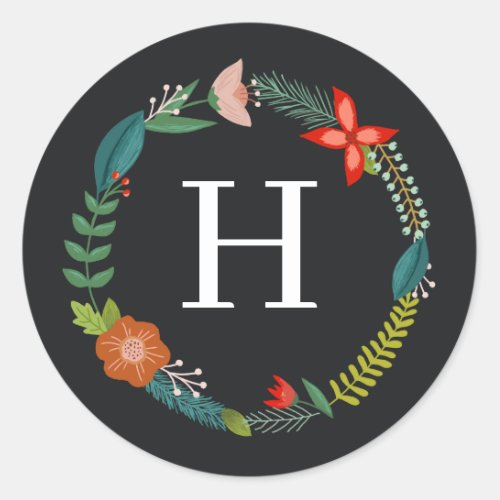 Colorful Floral  Pine Monogram Holiday Classic Round Sticker