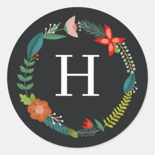 Colorful Floral & Pine Monogram Holiday Classic Round Sticker