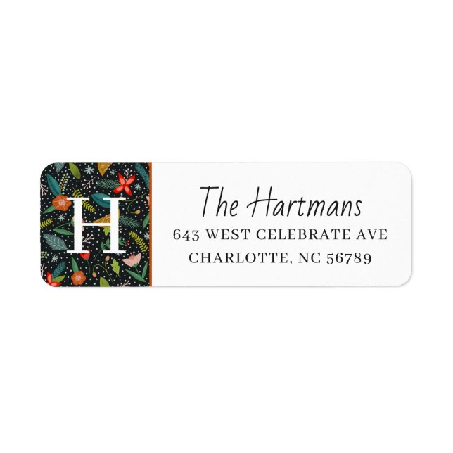 Colorful Floral & Pine | Monogram Winter Holiday Label (Front)